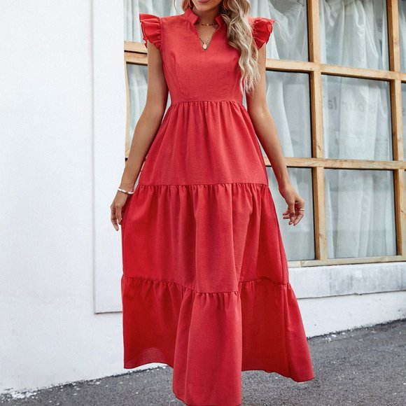 New Stand Collar Cap Sleeve Ruffle Hem Dress Red - Picture 6 of 6